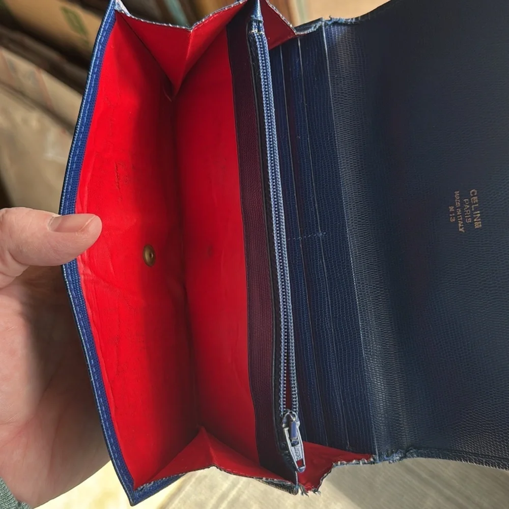 Celine Blue Leather Large Wallet Red Interior Continental Snap Italy - Picture 5 of 9